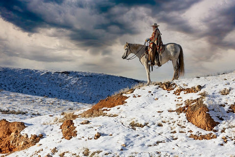 USA- Shell- Wyoming. Hideout Ranch cowgirl on horseback riding on ridgeline snow.  Black Ornate Wood Framed Art Print with Double Matting by Gulin, Darrell