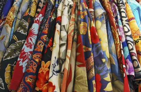 USA, Closet full of aloha shirts on hangers White Modern Wood Framed Art Print with Double Matting by Terrill, Steve