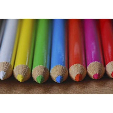 Row of multicolored colored pencils lay on table Gold Ornate Wood Framed Art Print with Double Matting by Terrill, Steve