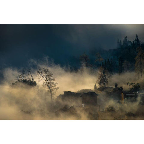 Misty Village Black Modern Wood Framed Art Print with Double Matting by Mei, C.