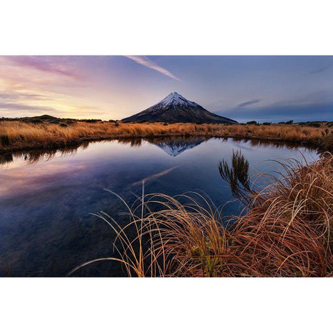 Mount Taranaki: Morning Breeze Black Modern Wood Framed Art Print with Double Matting by Zhang, Yan