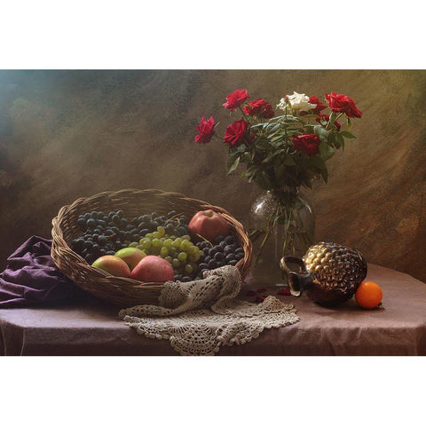 Still Life With Fruit And Roses Black Modern Wood Framed Art Print with Double Matting by Ustinagreen