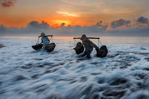 Collecting Seawater White Modern Wood Framed Art Print with Double Matting by Raja, Pradeep