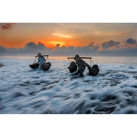 Collecting Seawater White Modern Wood Framed Art Print by Raja, Pradeep