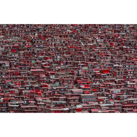 Red Houses Black Modern Wood Framed Art Print by Al-Jazeri, Ali