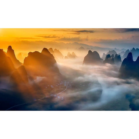 Yangshuo Sunrise White Modern Wood Framed Art Print by Zhu, Hua