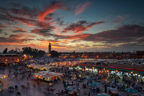 Sunset Over Jemaa Le Fnaa Square In Marrakech-Morocco White Modern Wood Framed Art Print with Double Matting by Mirica, Dan