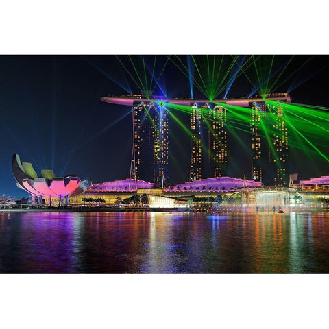 Marina Bay Sands Lasershow Black Modern Wood Framed Art Print by Fleckenstein, Martin