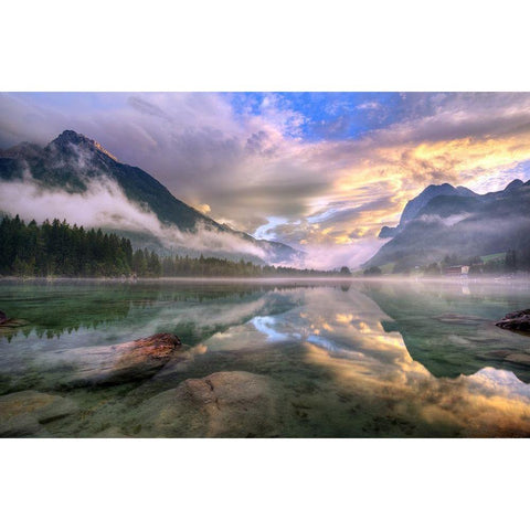 Lake Hintersee Gold Ornate Wood Framed Art Print with Double Matting by Keller