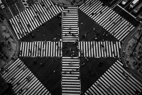 People Crossing White Modern Wood Framed Art Print with Double Matting by Tajima, Koji