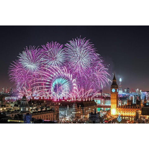 New Year Fireworks Gold Ornate Wood Framed Art Print with Double Matting by Marsden, Stewart