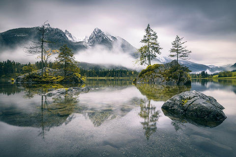 Rainy Morning At Hintersee (Bavaria) Black Ornate Wood Framed Art Print with Double Matting by Wiemer, Dirk