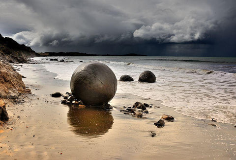 Moeraki Round Boulders Black Ornate Wood Framed Art Print with Double Matting by Tzur, Yair