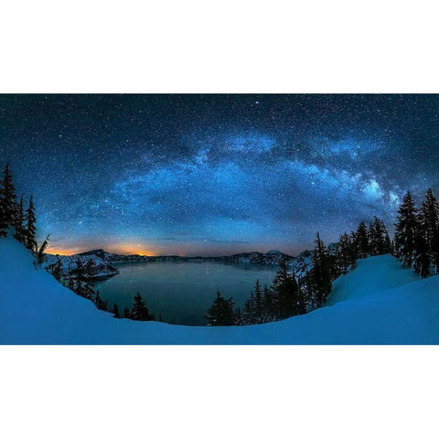 Starry Night Over The Crater Lake White Modern Wood Framed Art Print by Zhu, Hua