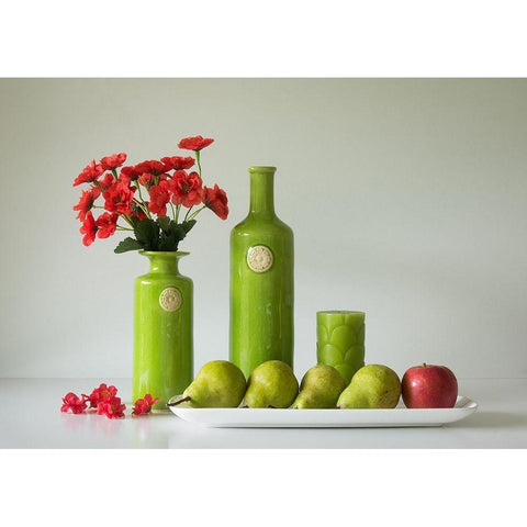 Red And Green With Apple And Pears White Modern Wood Framed Art Print by Hammer, Jacqueline