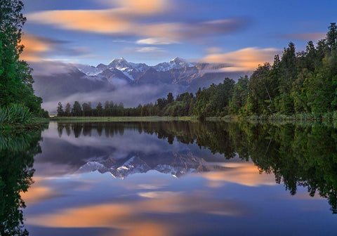 Lake Matheson White Modern Wood Framed Art Print with Double Matting by Zhu, Hua
