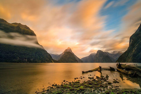 Milford Sound White Modern Wood Framed Art Print with Double Matting by Zhu, Hua