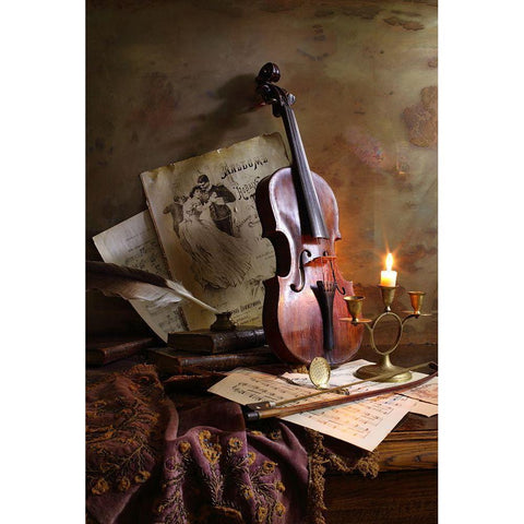 Still Life With Violin Black Modern Wood Framed Art Print with Double Matting by Morozov, Andrey