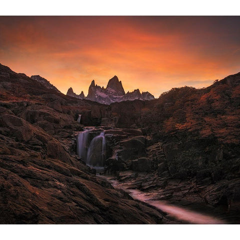 Waterfall Sunset Black Modern Wood Framed Art Print by Zhang, Yan