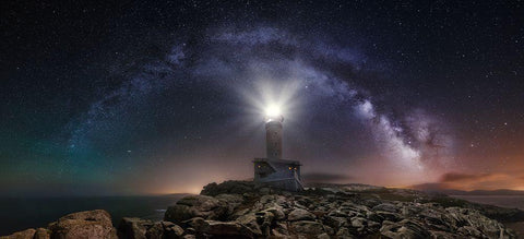 Lighthouse And Milky Way Black Ornate Wood Framed Art Print with Double Matting by F. Turienzo, Carlos