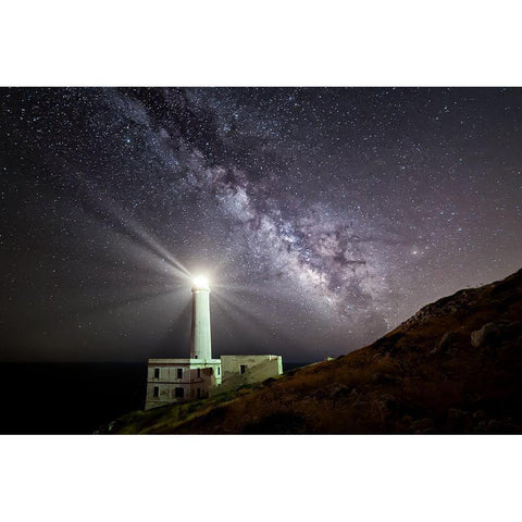 The Lighthouse And The Milky Way White Modern Wood Framed Art Print by Chiriaco, Luigi