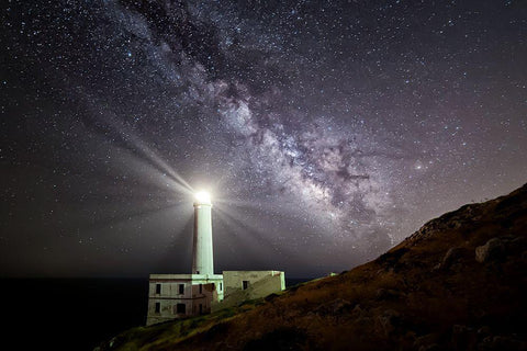 The Lighthouse And The Milky Way White Modern Wood Framed Art Print with Double Matting by Chiriaco, Luigi