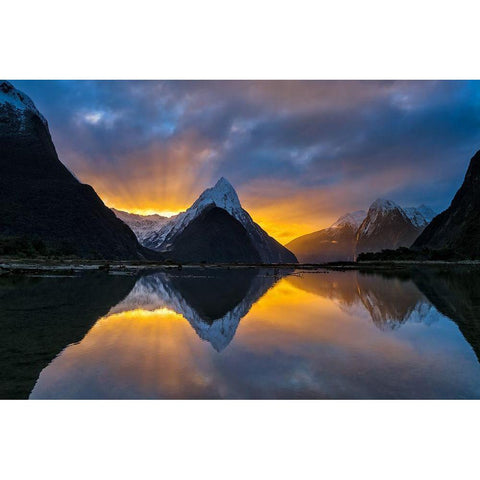 Milford Sound Sunset White Modern Wood Framed Art Print by Zhu, Hua
