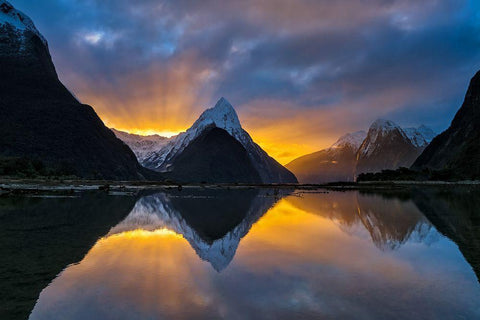 Milford Sound Sunset White Modern Wood Framed Art Print with Double Matting by Zhu, Hua
