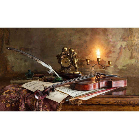 Still Life With Violin And Clock White Modern Wood Framed Art Print by Morozov, Andrey