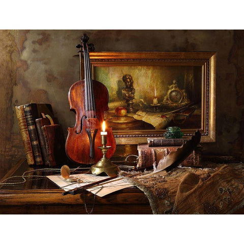 Still Life With Violin And Painting Gold Ornate Wood Framed Art Print with Double Matting by Morozov, Andrey