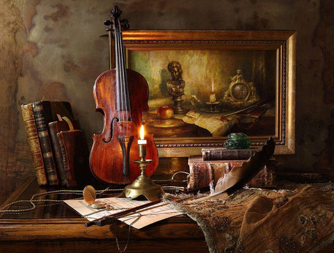 Still Life With Violin And Painting Black Ornate Wood Framed Art Print with Double Matting by Morozov, Andrey