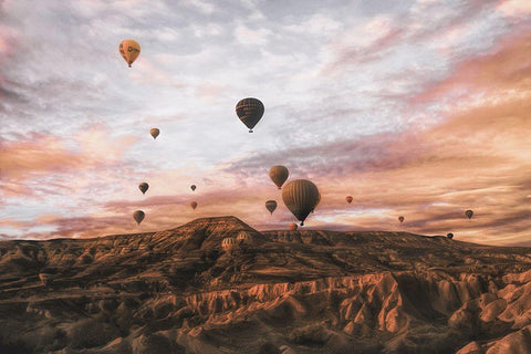 Cappodocia Hot Air Balloon White Modern Wood Framed Art Print with Double Matting by Yorgancilar, Ayse