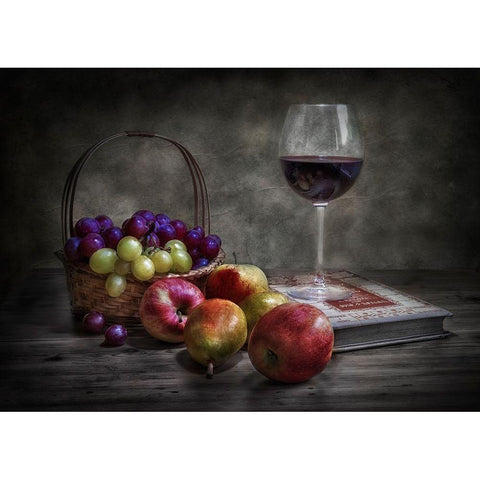 Wine-Fruit And Reading. Black Modern Wood Framed Art Print with Double Matting by Osuna, Fran