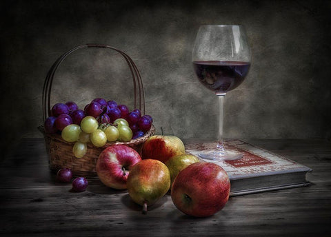 Wine-Fruit And Reading. Black Ornate Wood Framed Art Print with Double Matting by Osuna, Fran