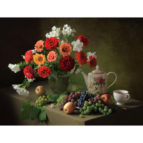 Still Life With A Bouquet Of Zinnias And Fruit White Modern Wood Framed Art Print by Skorokhod, Tatyana