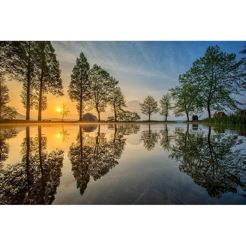 Mount Fuji Reflected In Lake -Japan White Modern Wood Framed Art Print by Whanset, Chanwit