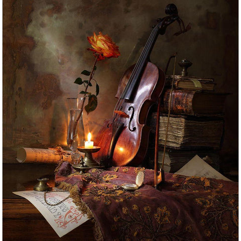 Still Life With Violin And Rose Black Modern Wood Framed Art Print with Double Matting by Morozov, Andrey