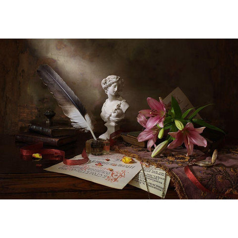 Still Life With Lily And Bust White Modern Wood Framed Art Print by Morozov, Andrey