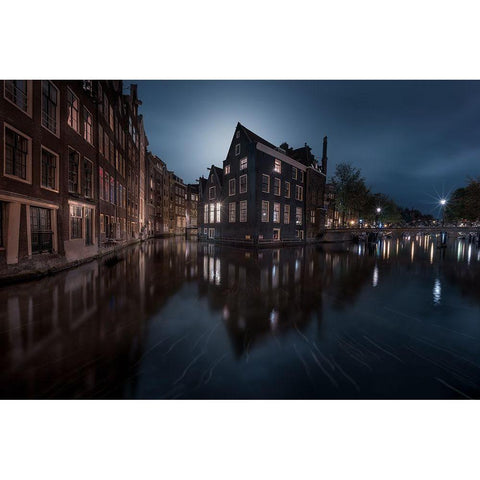 The House Under The Moonlight Black Modern Wood Framed Art Print by De La, Javier