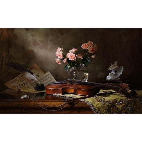 Still Life With Violin And Roses White Modern Wood Framed Art Print by Morozov, Andrey