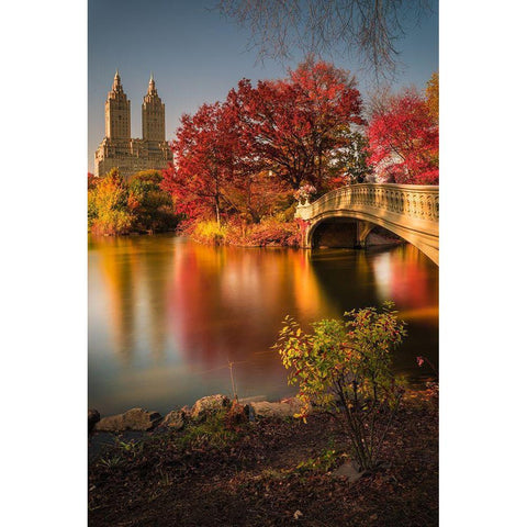 Fall In Central Park Gold Ornate Wood Framed Art Print with Double Matting by R. Veizaga, Christopher