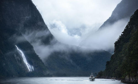 Milford Sound Cruise White Modern Wood Framed Art Print with Double Matting by Shi, Fei