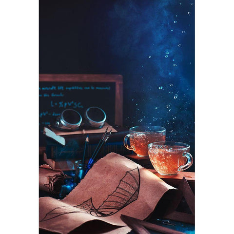 Steampunk Tea (With Goggles And Blueprints) Black Modern Wood Framed Art Print by Belenko, Dina