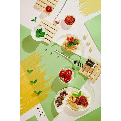 Suprematic Meal: Pasta With Tomato Sauce And Mushrooms White Modern Wood Framed Art Print by Belenko, Dina