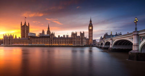 London Palace Of Westminster Sunset Black Ornate Wood Framed Art Print with Double Matting by Meraki