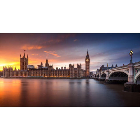 London Palace Of Westminster Sunset White Modern Wood Framed Art Print by Meraki