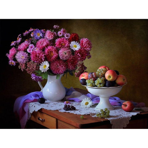 Still Life With A Bouquet Of Asters And Fruits White Modern Wood Framed Art Print by Skorokhod, Tatyana