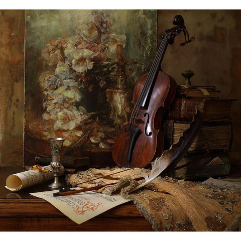 Still Life With Violin And Painting Black Modern Wood Framed Art Print by Morozov, Andrey