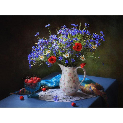 Summer Still Life With Wildflowers Black Modern Wood Framed Art Print with Double Matting by Skorokhod, Tatyana