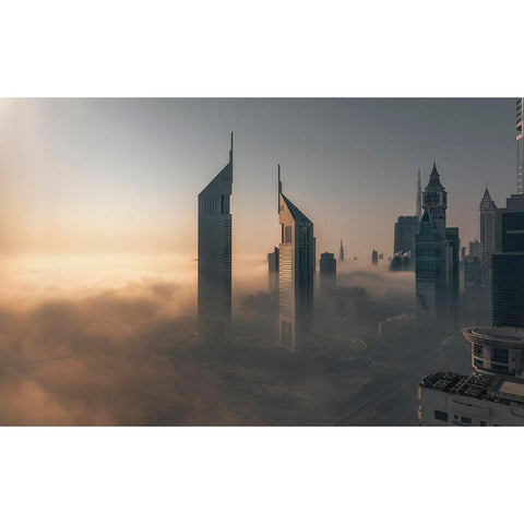 Fog Lockdown On The City Of Steel White Modern Wood Framed Art Print by Huang, Stan